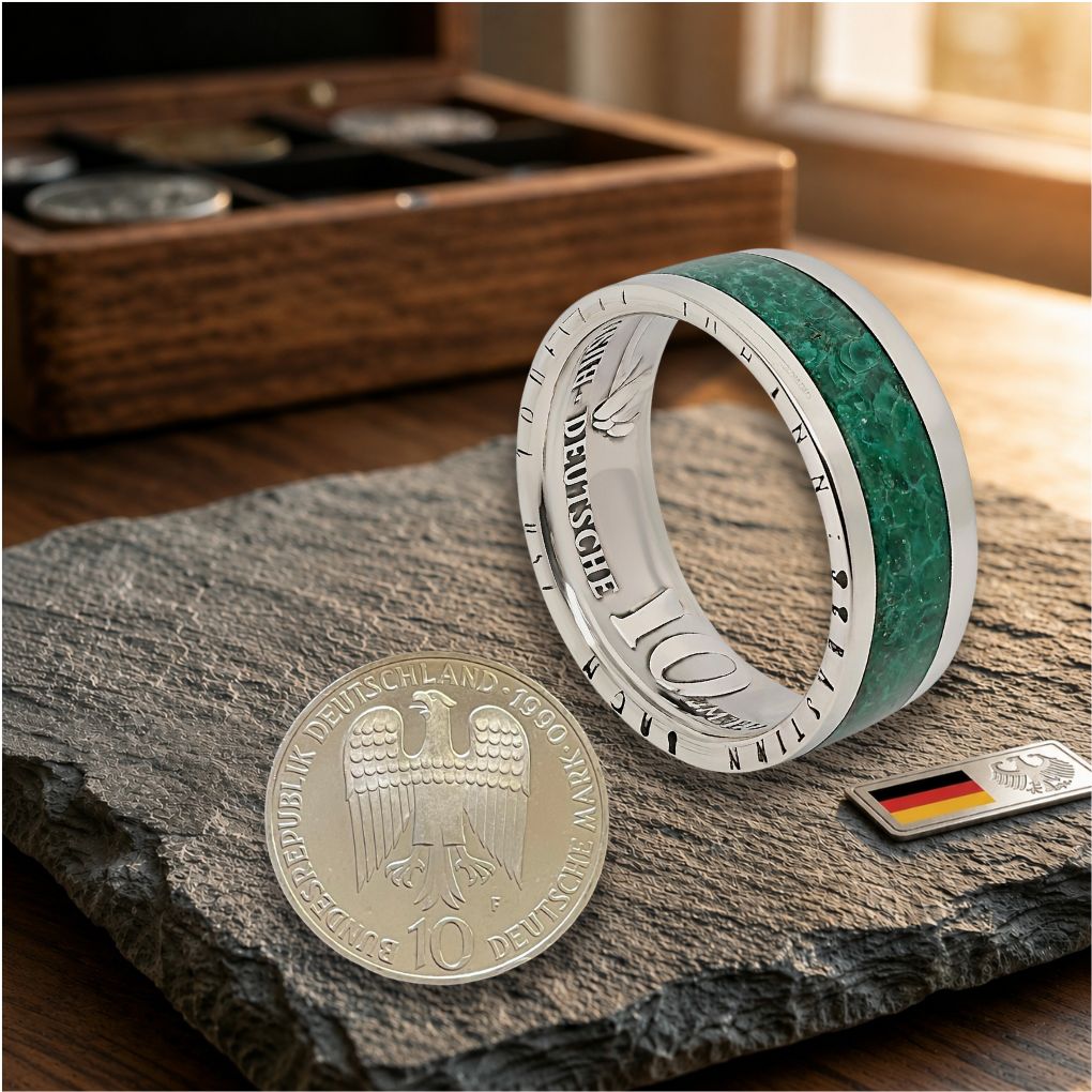 Muenzring-aus-10-DM-Silbermuenze-inlay-Malachitstein