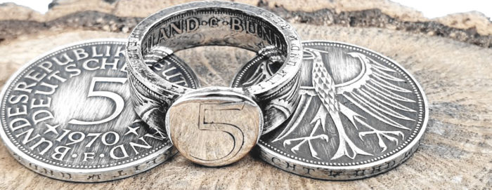 Münzring aus 5 DM Silbermünze mit Ringplatte