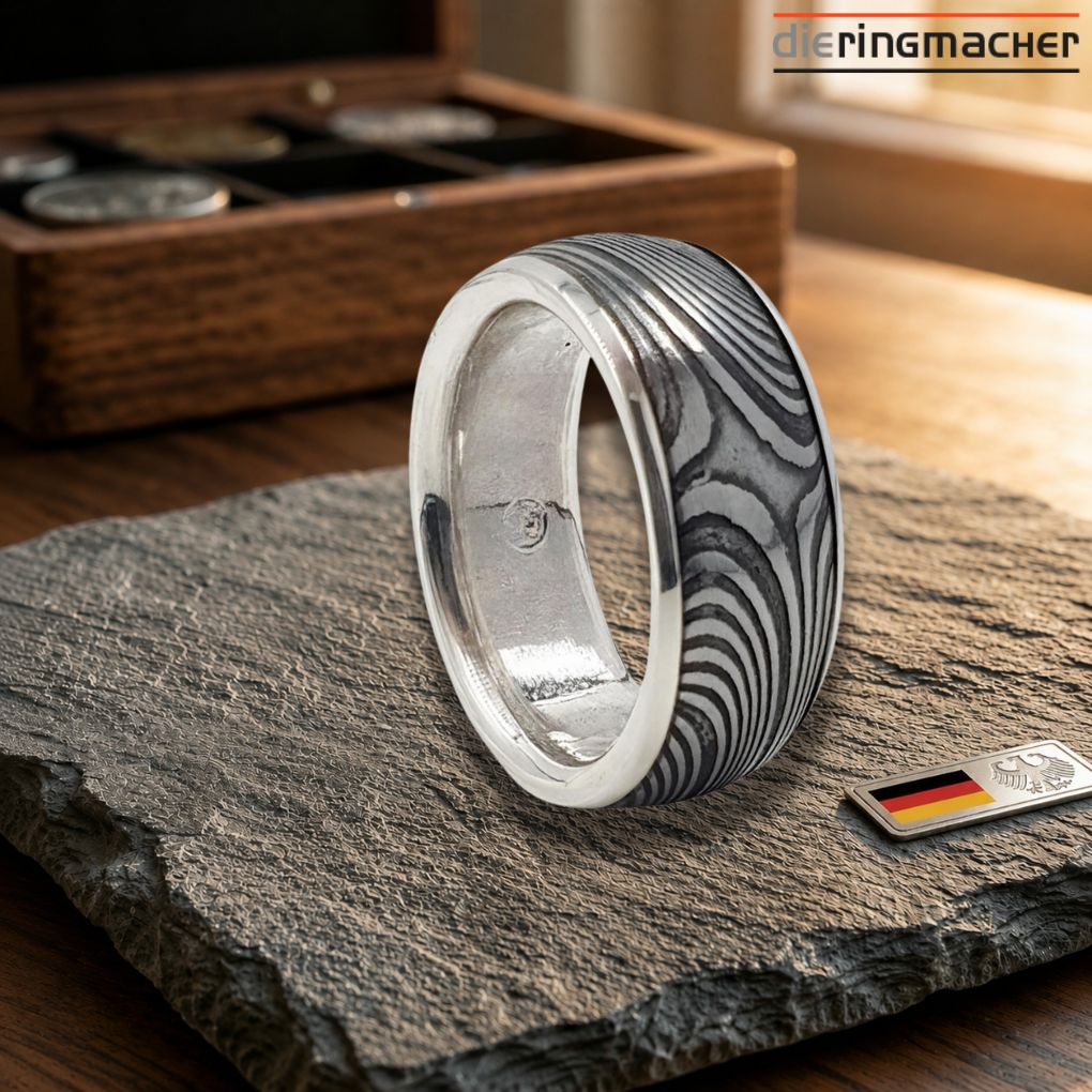 Damast Ring aus 925 Silber | Handgefertigter Damaststahl Ring