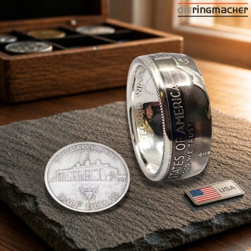 Dieser handgefertigte Münzring entsteht aus einer originalen amerikanischen 1/2-Dollar-Münze von 1982.