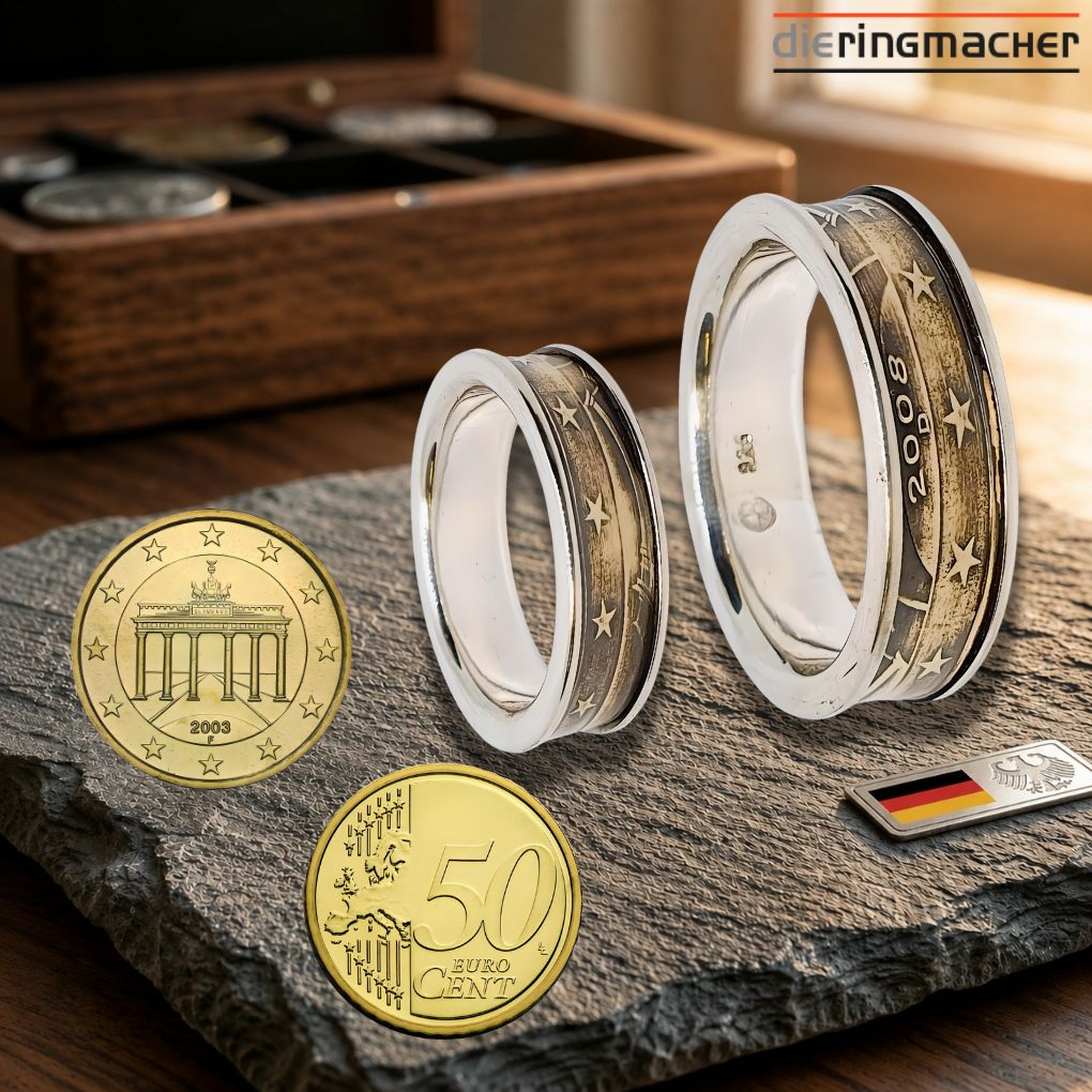 Münzringe Partnerringe aus 50 Eurocent Münze mit Wunschprägejahr.