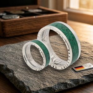 "Münzringe, Eheringe Silber mit Malachitstein-Inlay"<br>wurde zur Wunschliste hinzugefügt