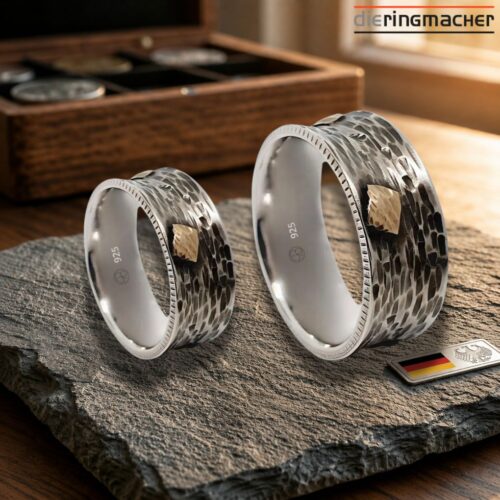 Eheringe aus Silber und Gold – Handgefertigte Partnerringe mit Hammerschlag-Optik