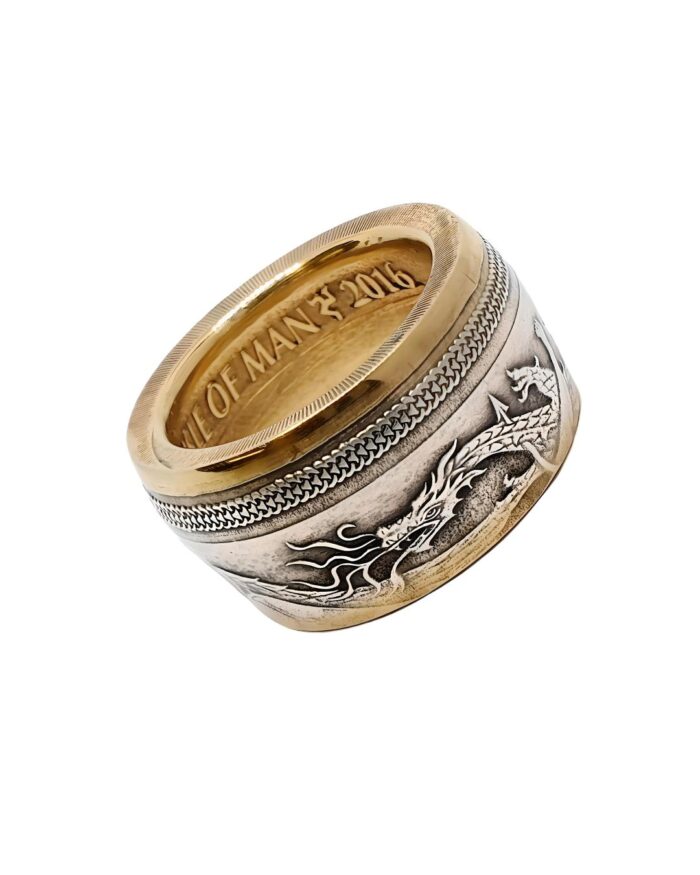 Silberring Drachentöter der Isle of Man mit Reverse Proof Angel mit 18 Karat Teilvergoldung!